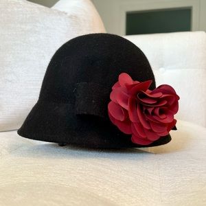 Talbots Black Bowler Hat with Red Flower